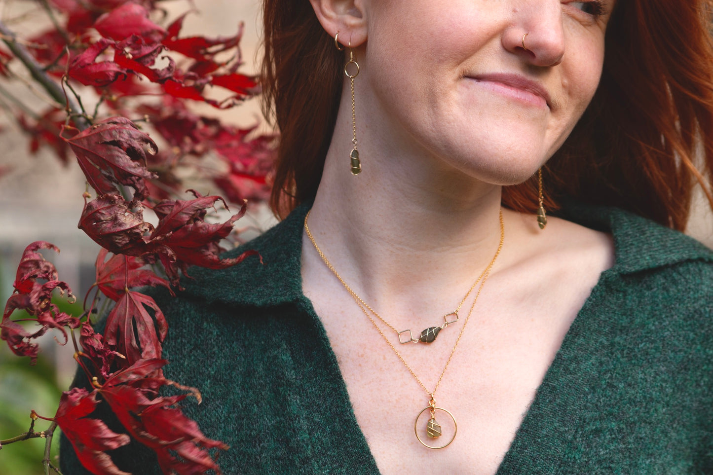 Rachel Chain Drop Earrings in Gold Vermeil & Dark Green