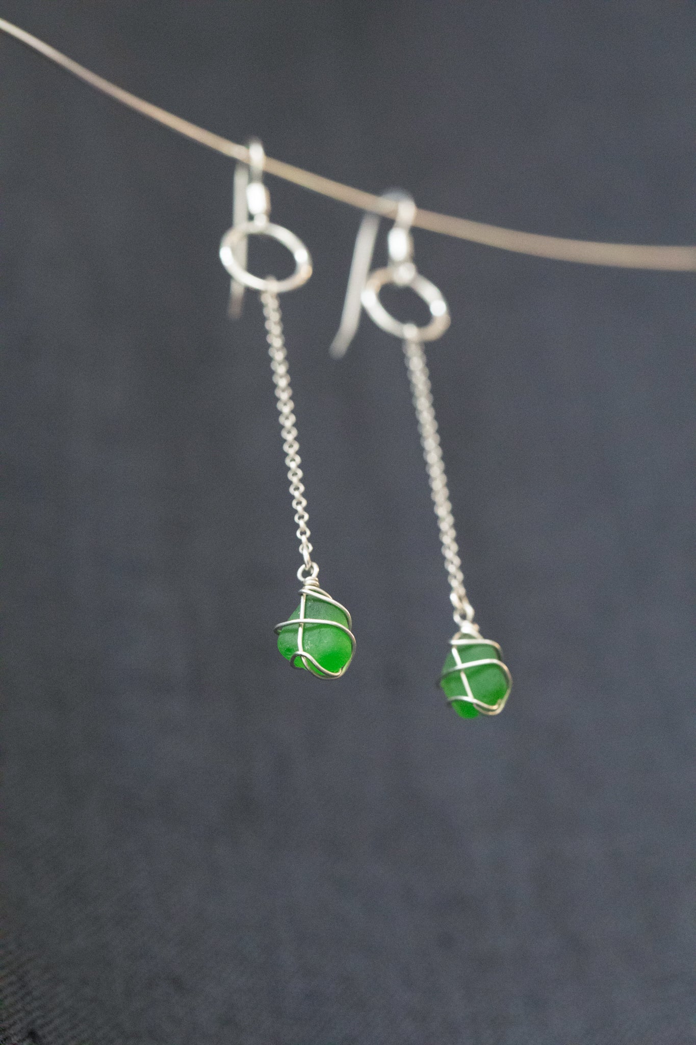 Rachel Chain Drop Earrings in Sterling Silver & Bright Green