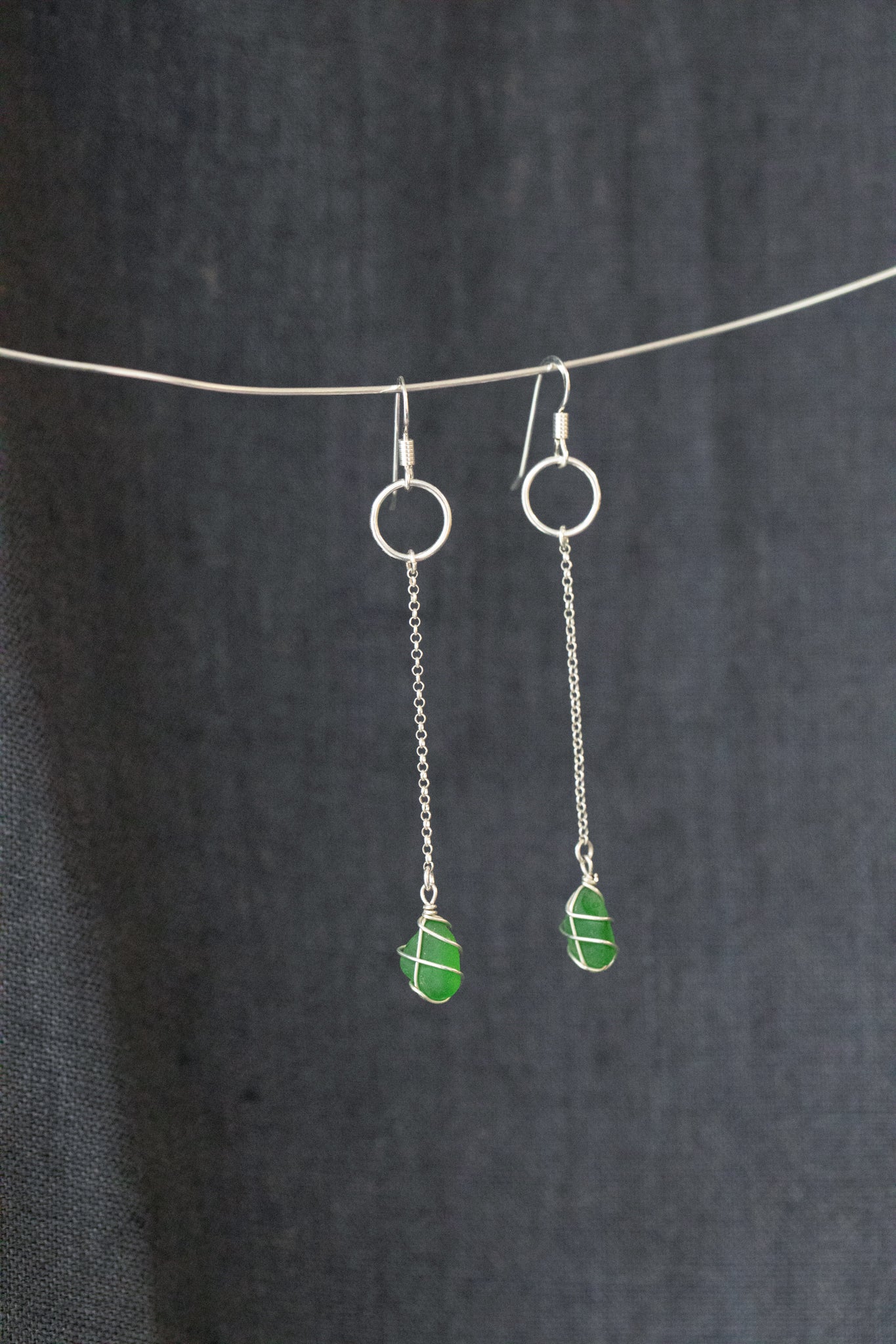 Rachel Chain Drop Earrings in Sterling Silver & Bright Green