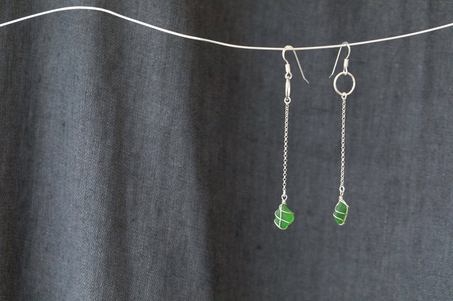 Rachel Chain Drop Earrings in Sterling Silver & Bright Green