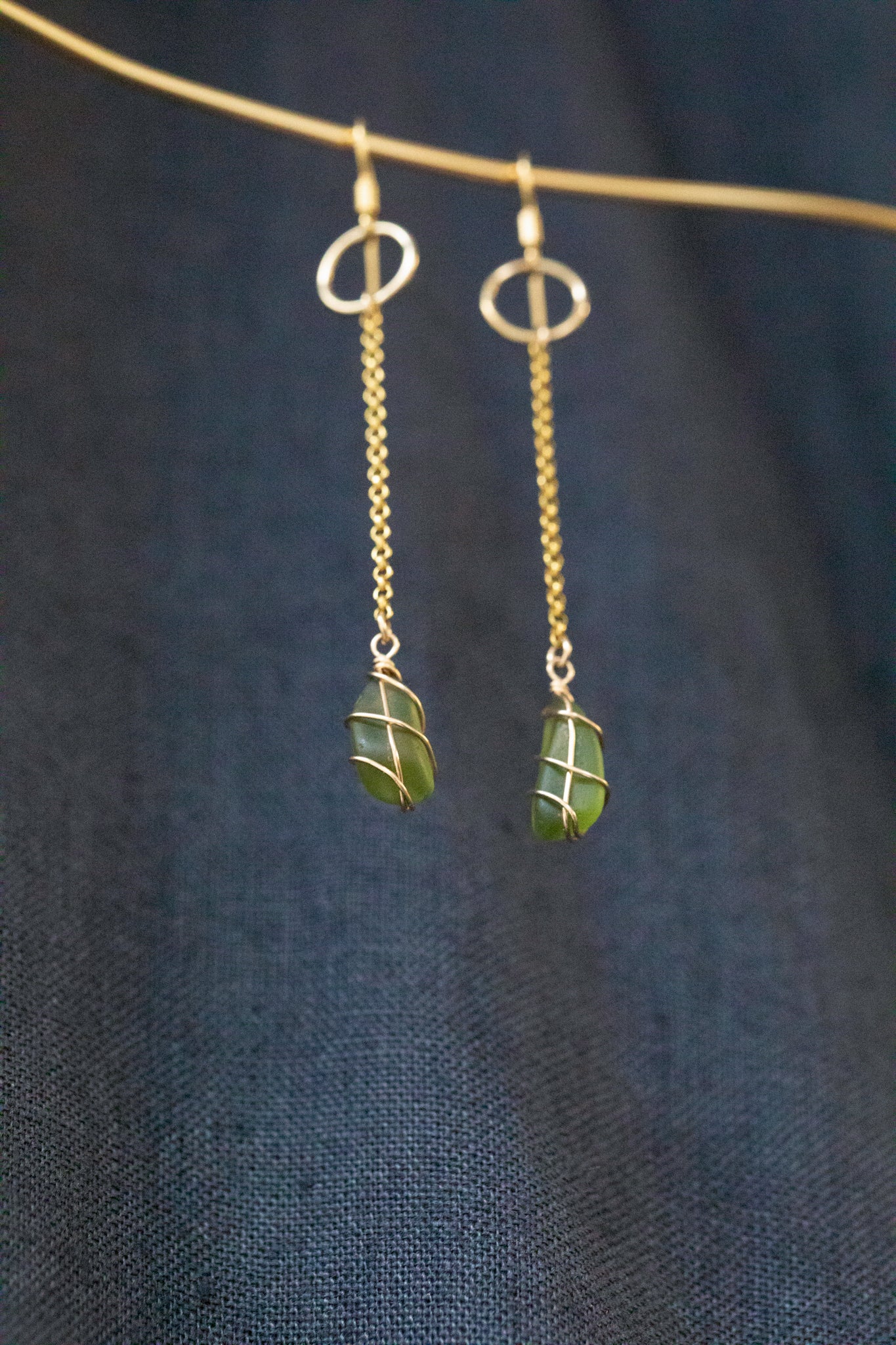 Rachel Chain Drop Earrings in Gold Vermeil & Dark Green