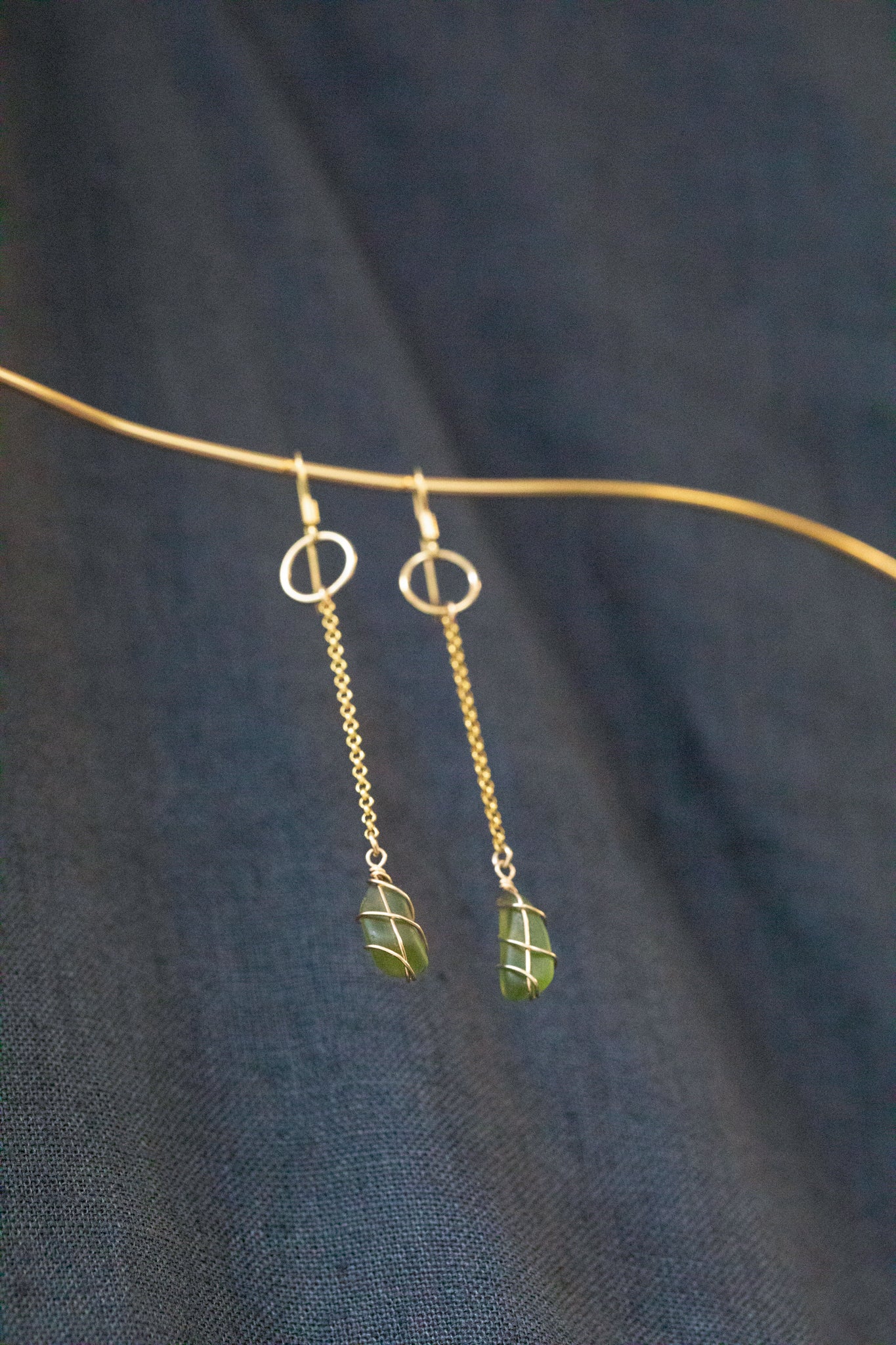 Rachel Chain Drop Earrings in Gold Vermeil & Dark Green