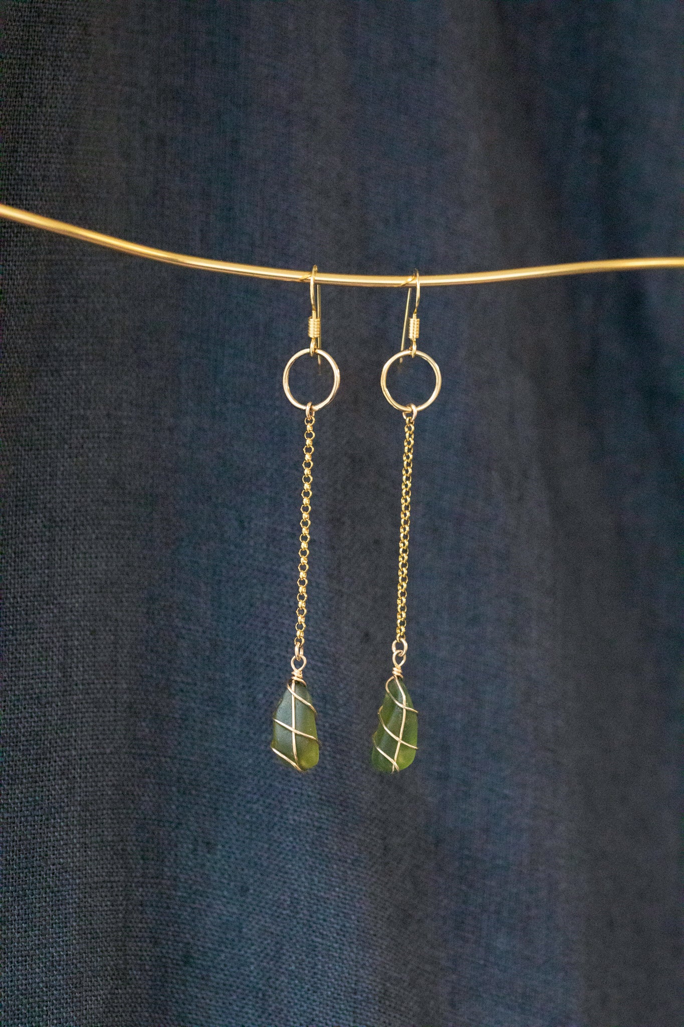 Rachel Chain Drop Earrings in Gold Vermeil & Dark Green