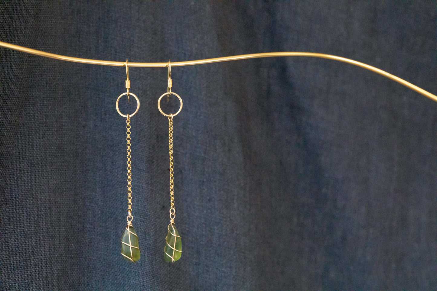 Rachel Chain Drop Earrings in Gold Vermeil & Dark Green