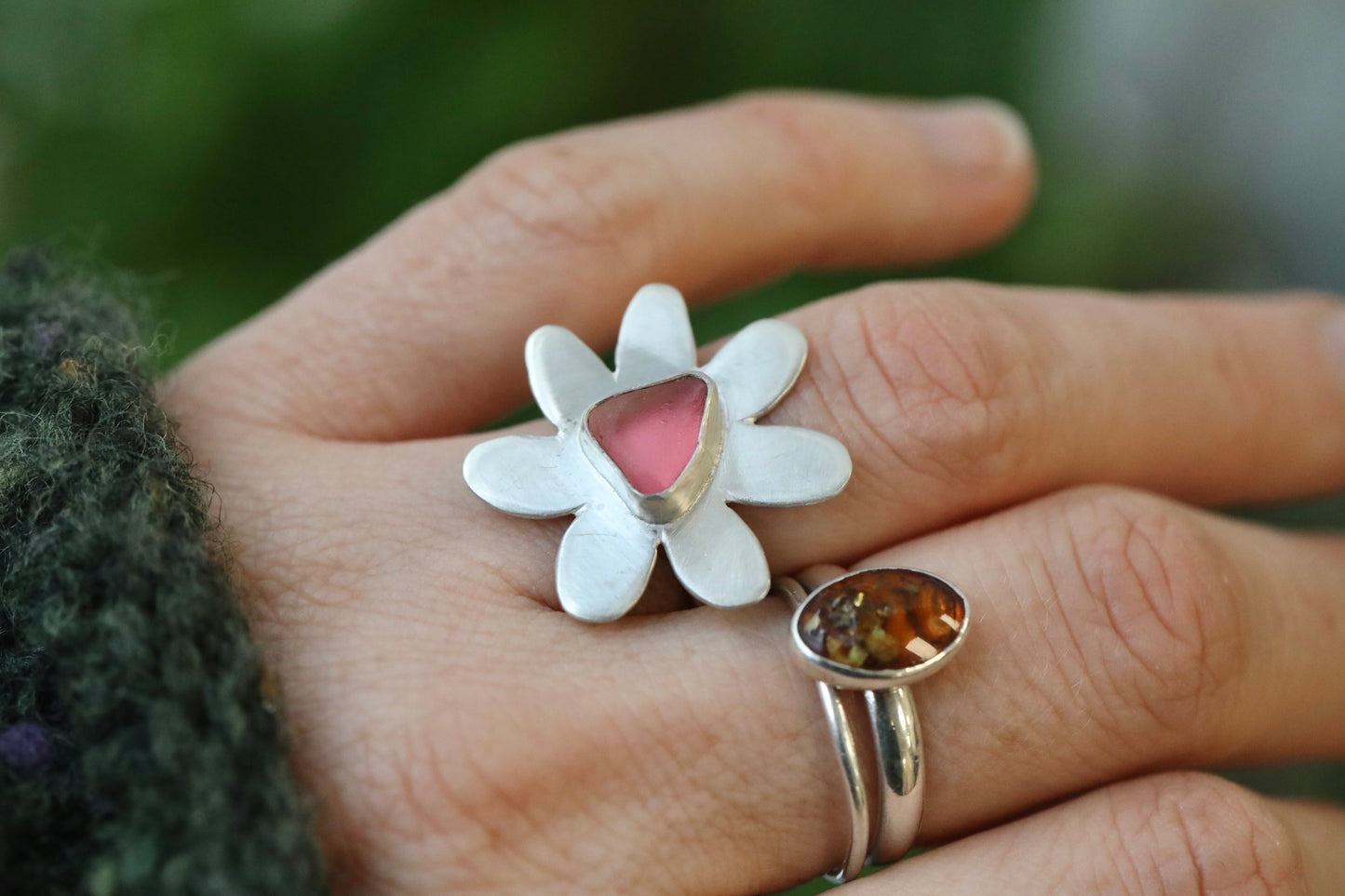 MULL Pink flower & silver ring - O