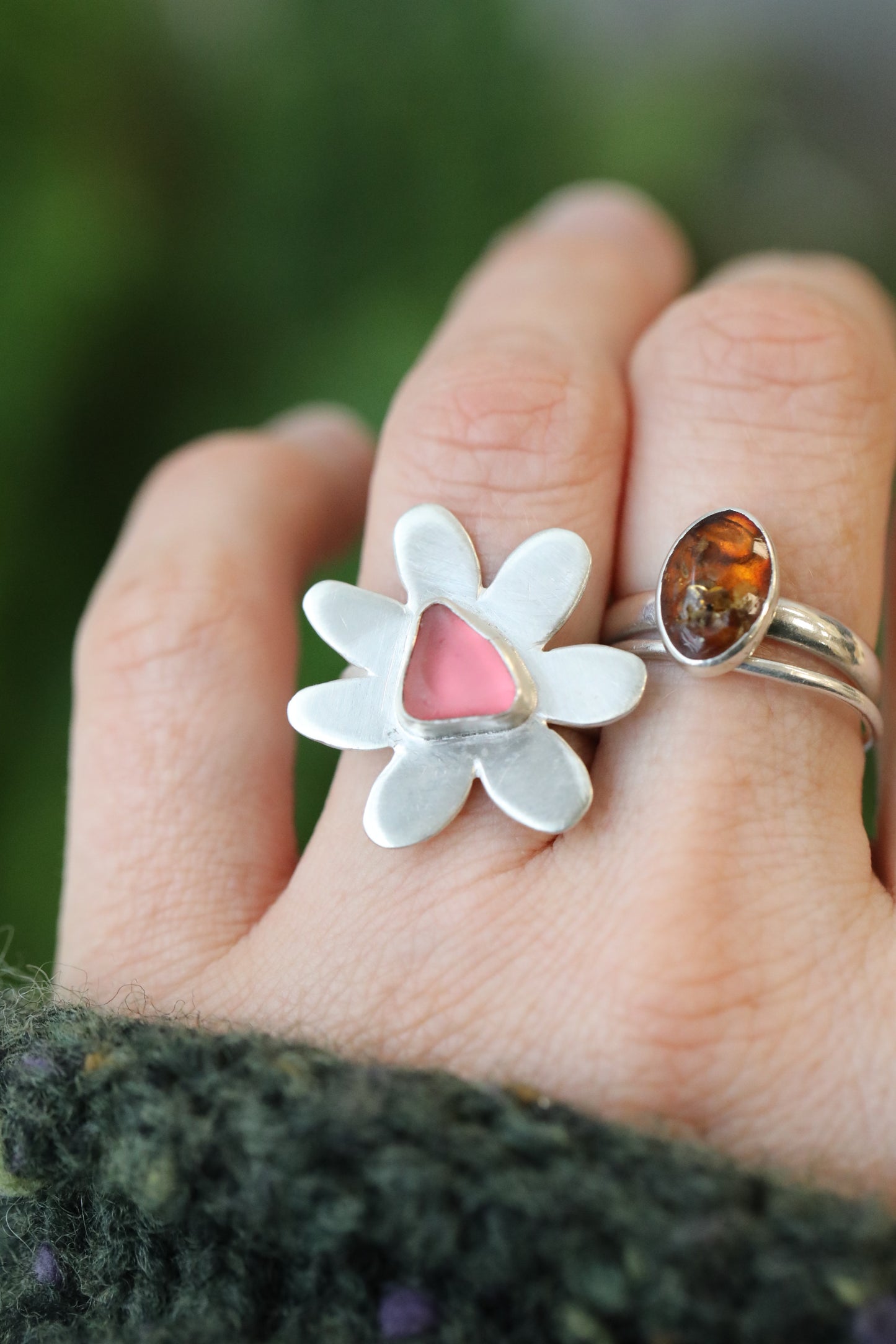 MULL Pink flower & silver ring - O