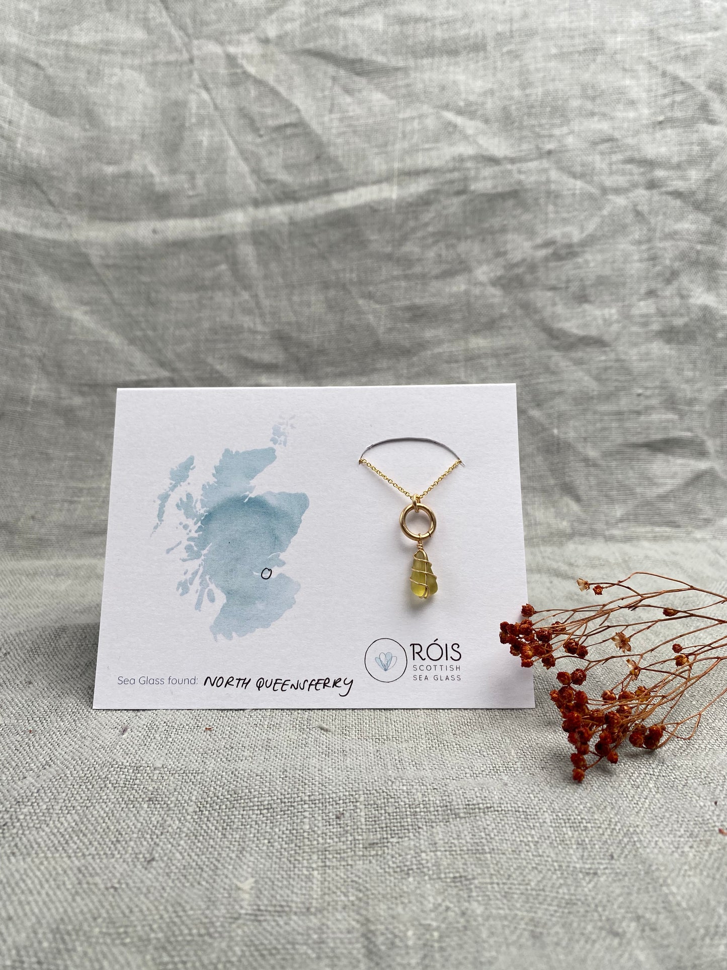 NORTH QUEENSFERRY ~ Chartreuse green & gold filled drop necklace
