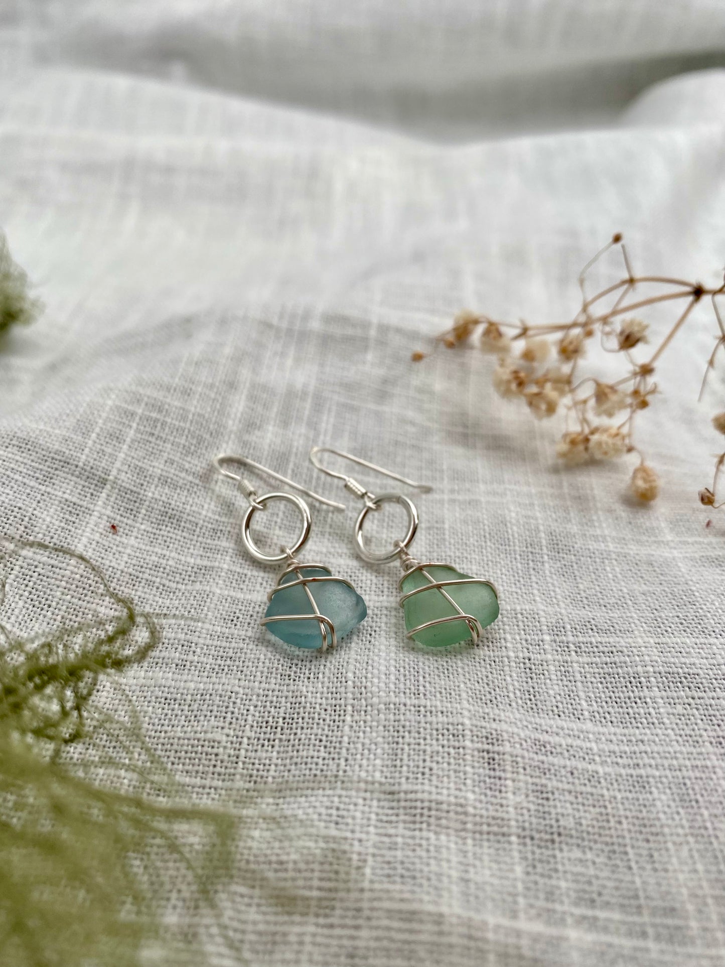 GLENCOE ~ Mismatch green & blue sterling silver drop hoops