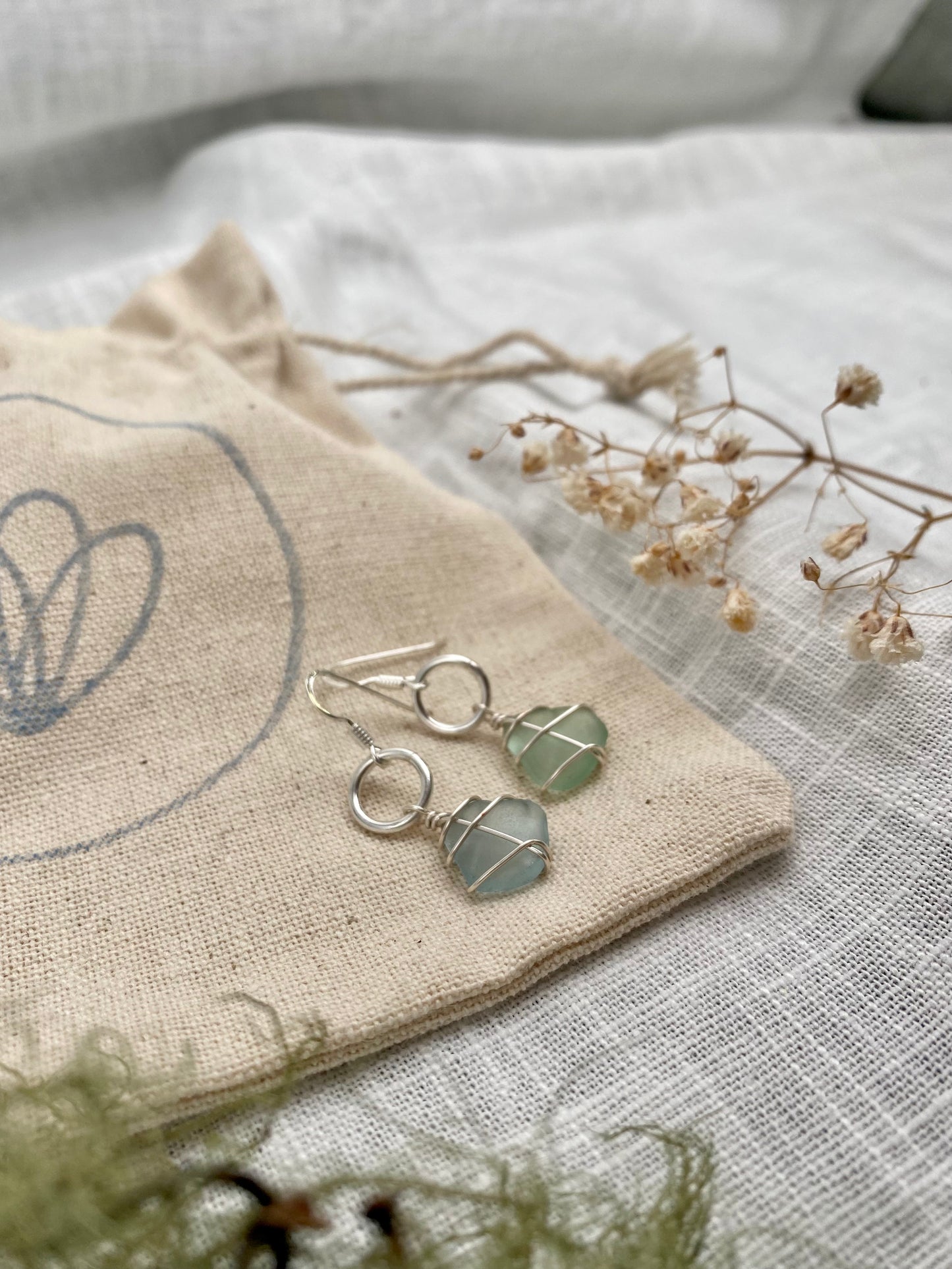 GLENCOE ~ Mismatch green & blue sterling silver drop hoops
