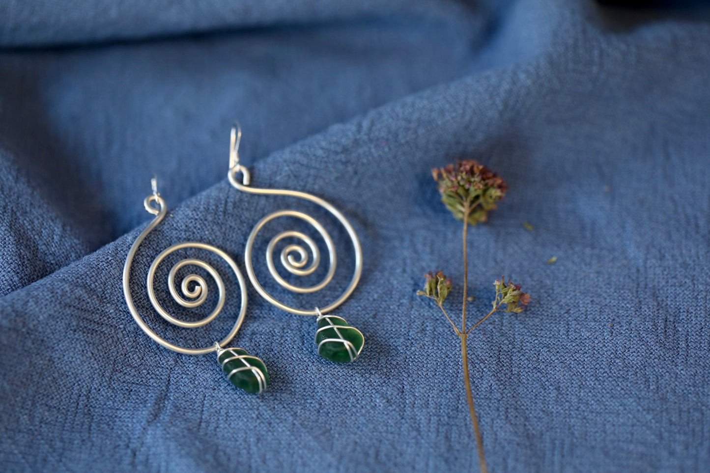 Bex Swirl Earrings in Silver & Dark Green
