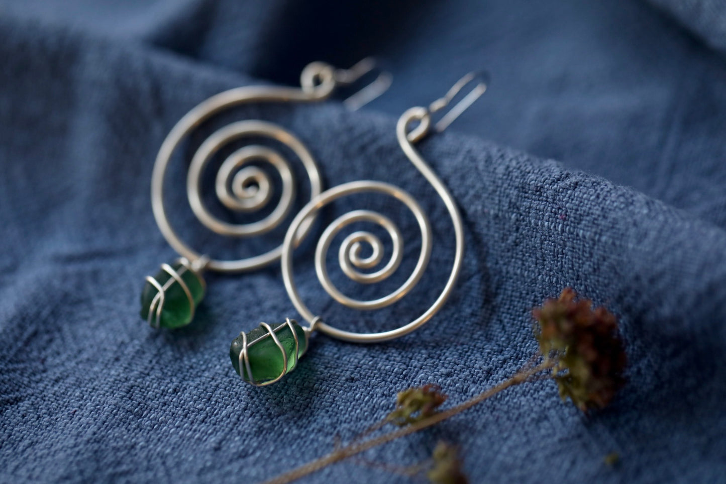 Bex Swirl Earrings in Silver & Dark Green