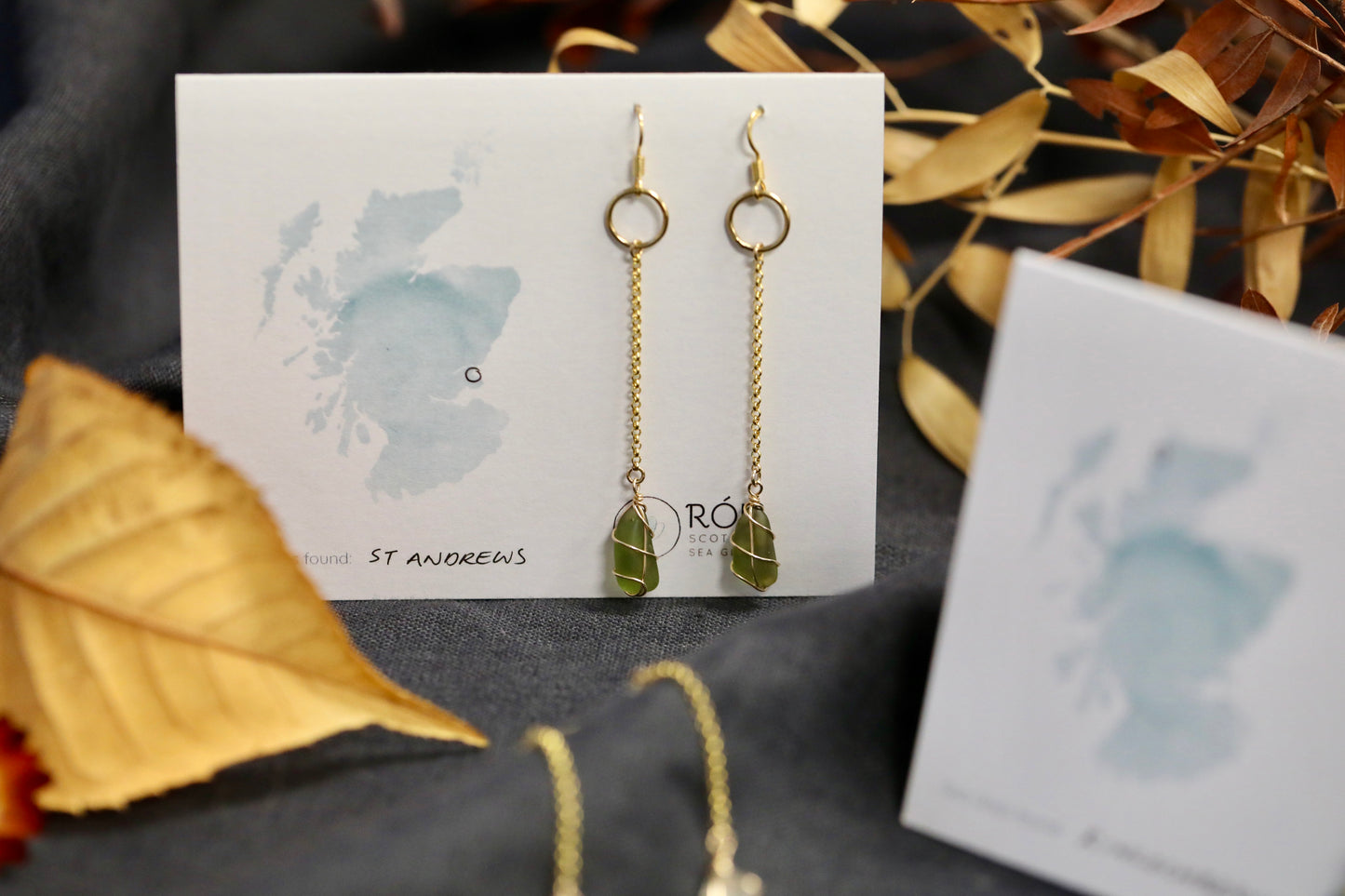Rachel Chain Drop Earrings in Gold Vermeil & Dark Green