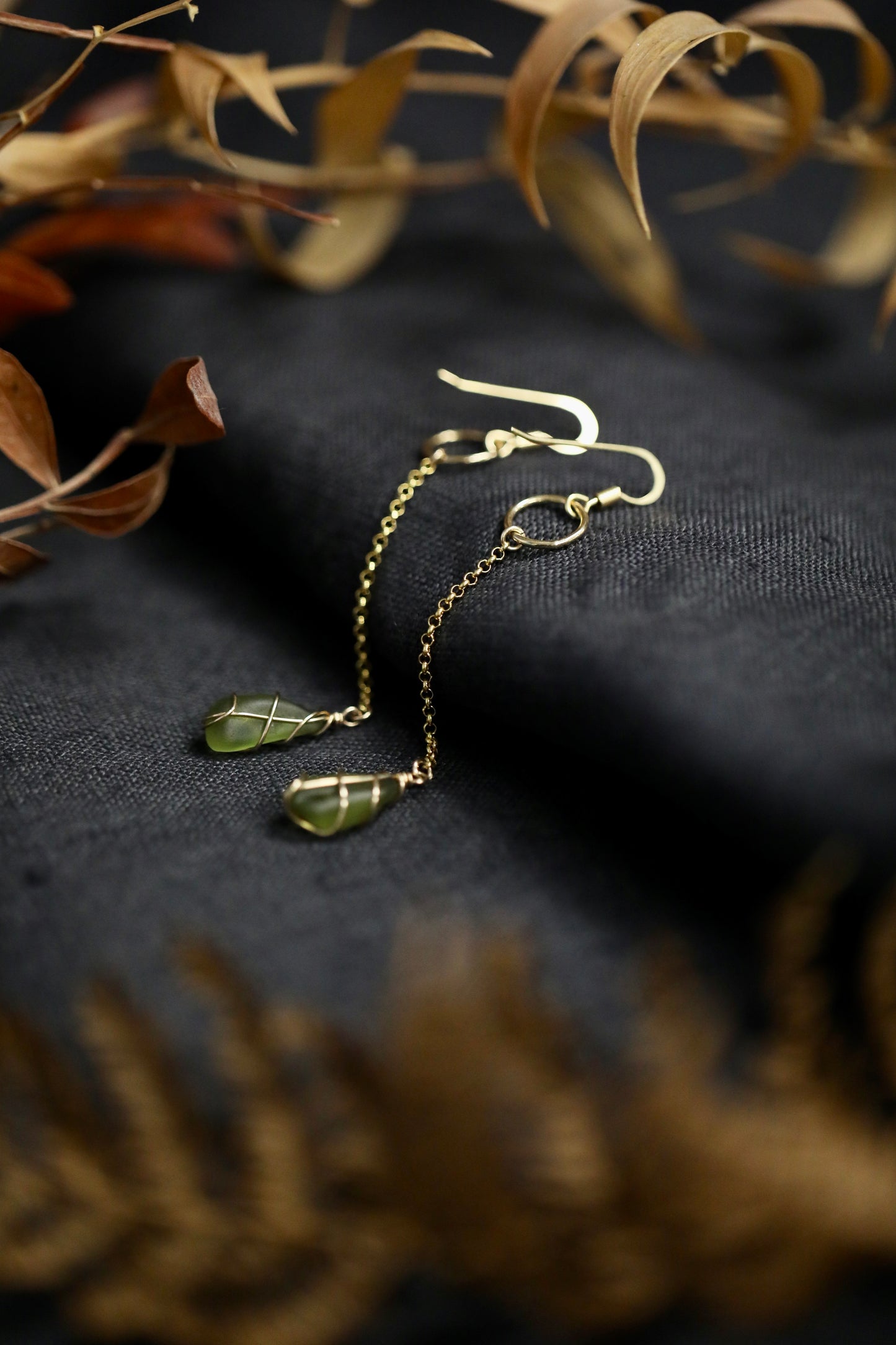 Rachel Chain Drop Earrings in Gold Vermeil & Dark Green