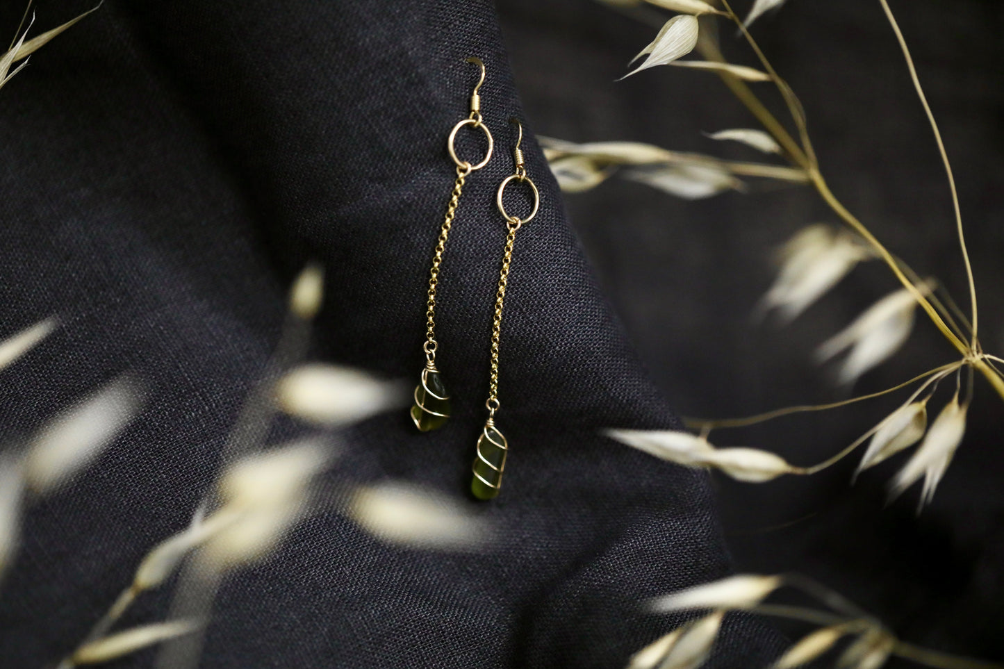 Rachel Chain Drop Earrings in Gold Vermeil & Dark Green