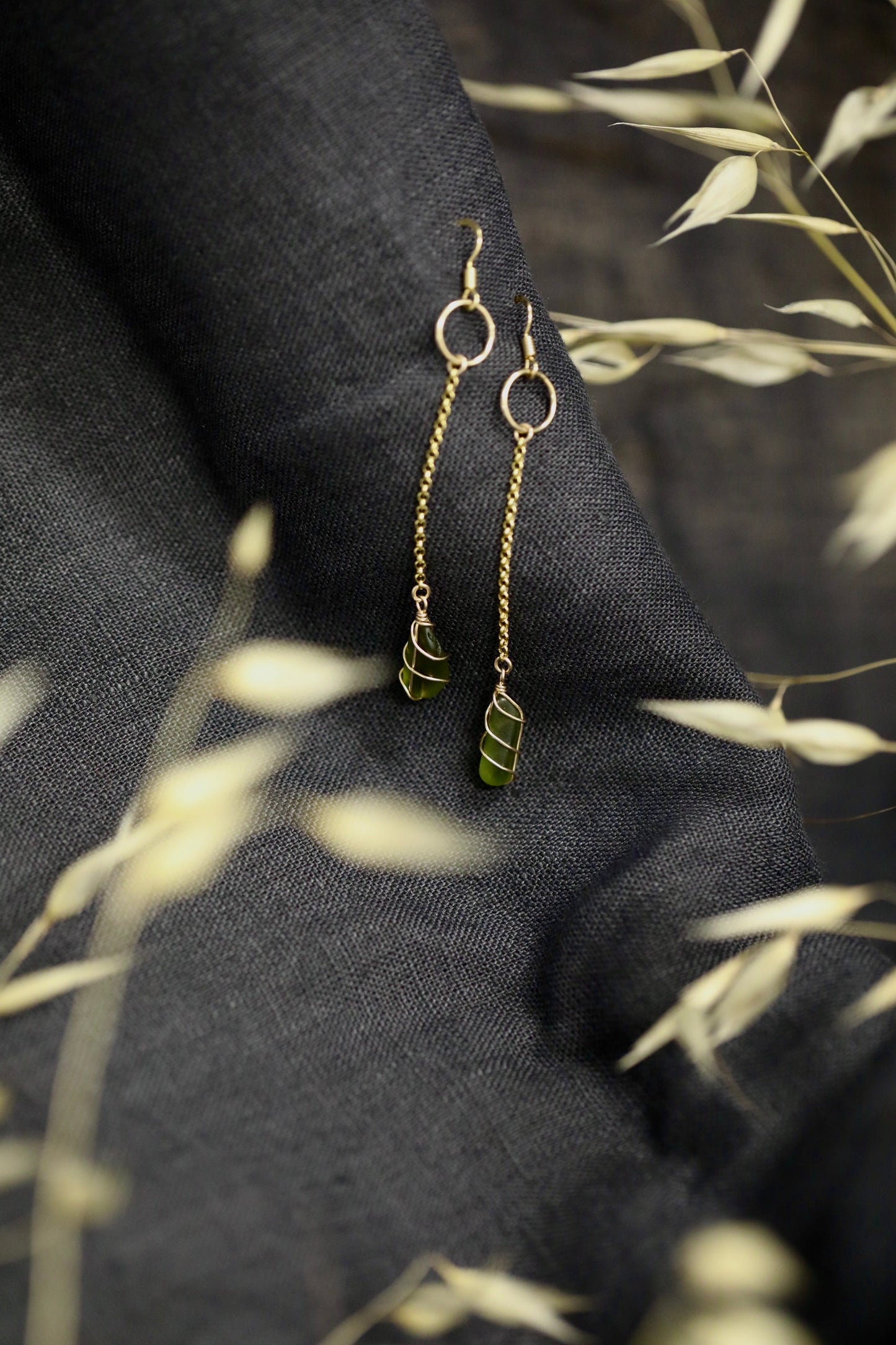 Rachel Chain Drop Earrings in Gold Vermeil & Dark Green