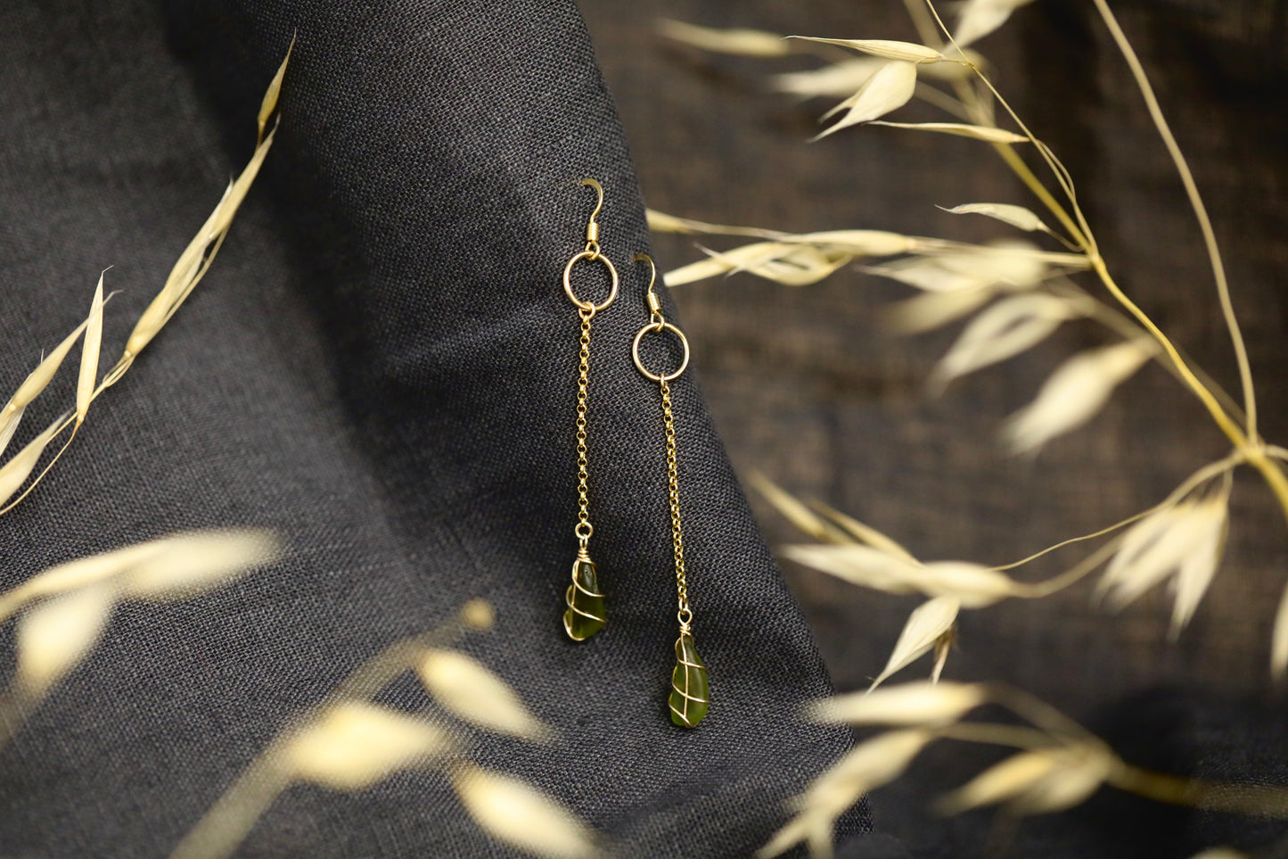 Rachel Chain Drop Earrings in Gold Vermeil & Dark Green