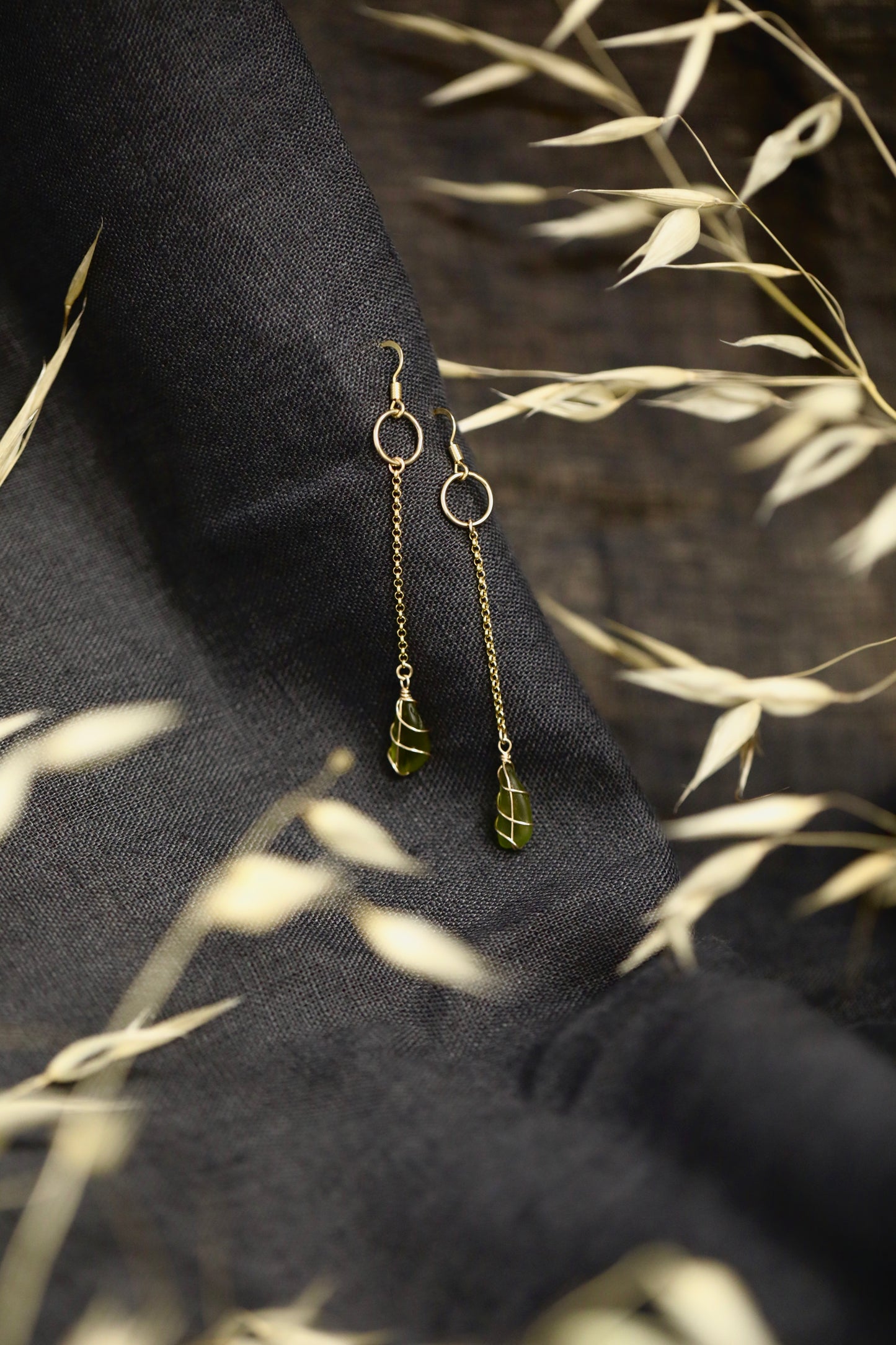 Rachel Chain Drop Earrings in Gold Vermeil & Dark Green