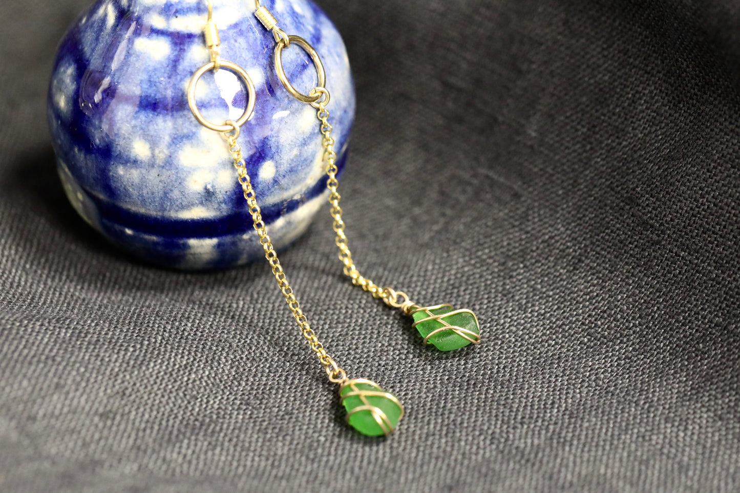 Rachel Chain Drop Earrings in Gold Vermeil & Bright Green