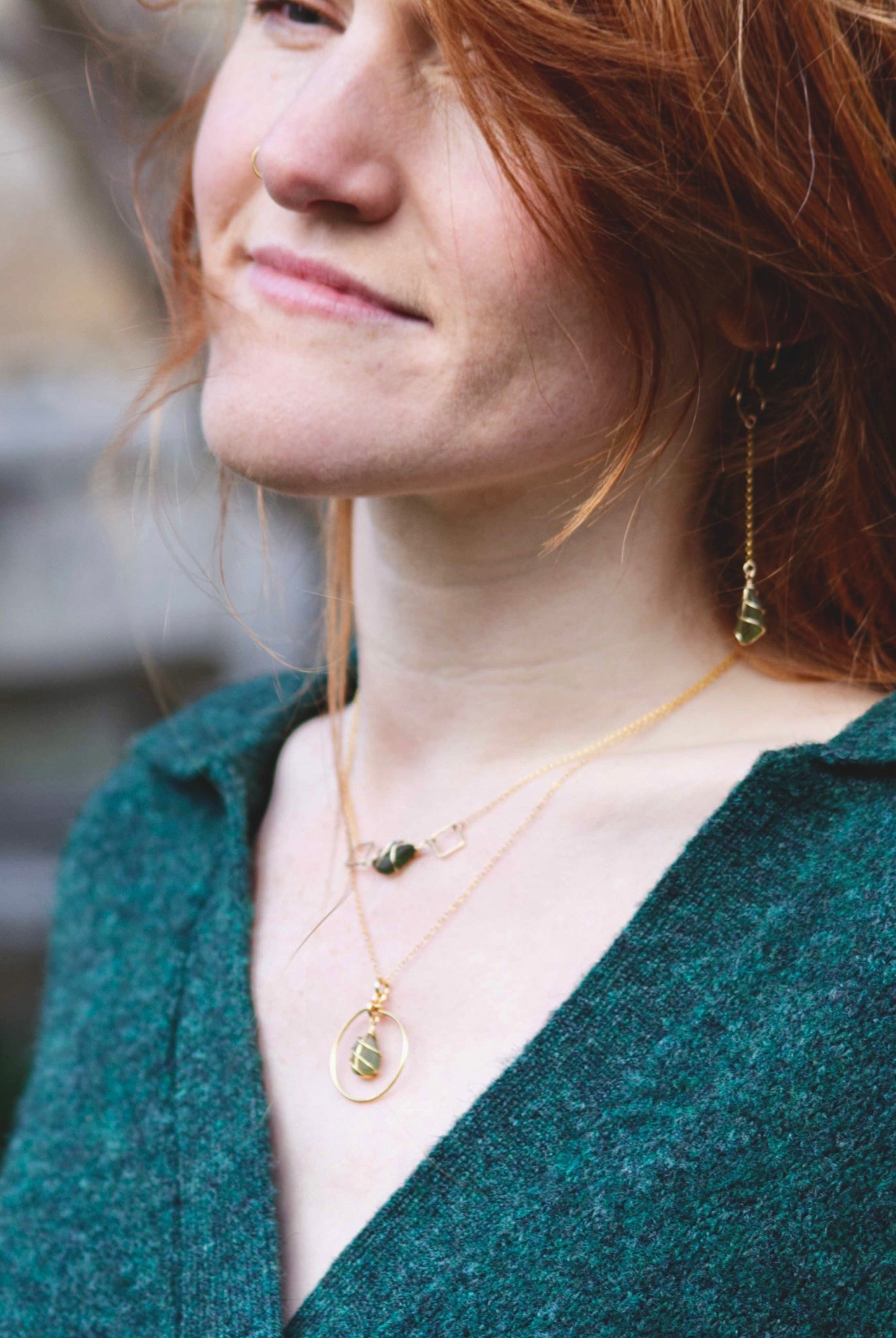Rachel Chain Drop Earrings in Gold Vermeil & Dark Green