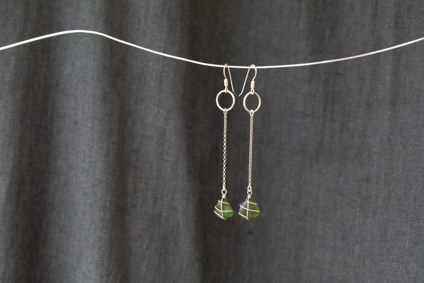 Rachel Chain Drop Earrings in Sterling Silver & Dark Green