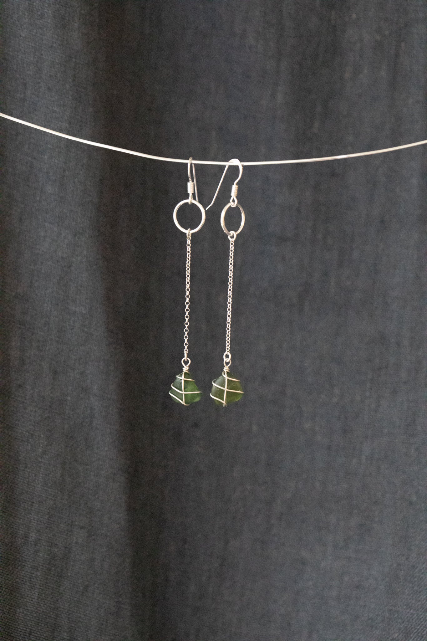 Rachel Chain Drop Earrings in Sterling Silver & Dark Green