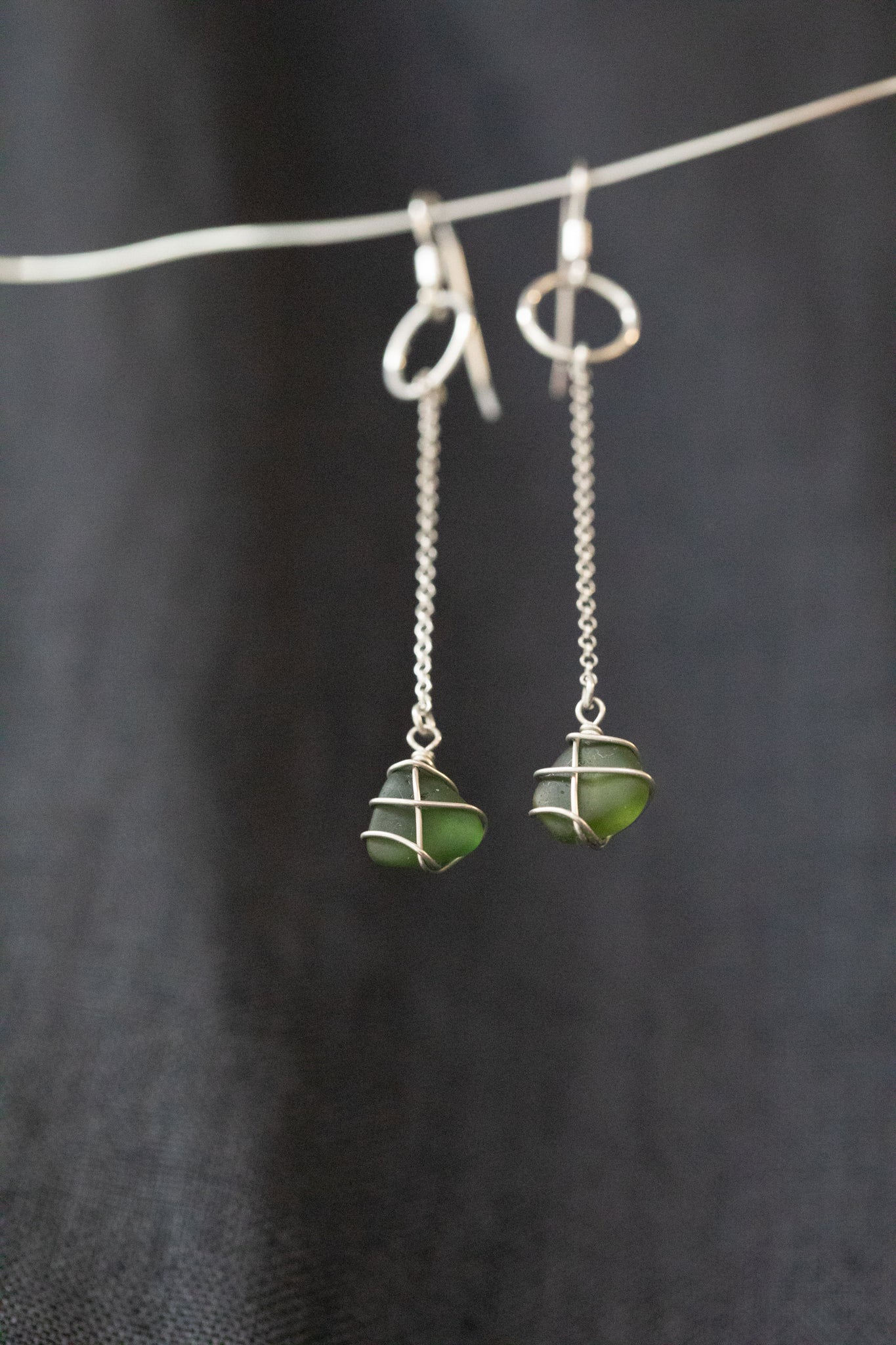 Rachel Chain Drop Earrings in Sterling Silver & Dark Green