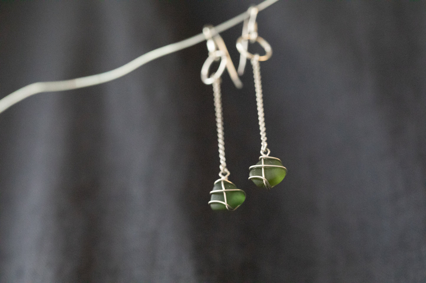 Rachel Chain Drop Earrings in Sterling Silver & Dark Green
