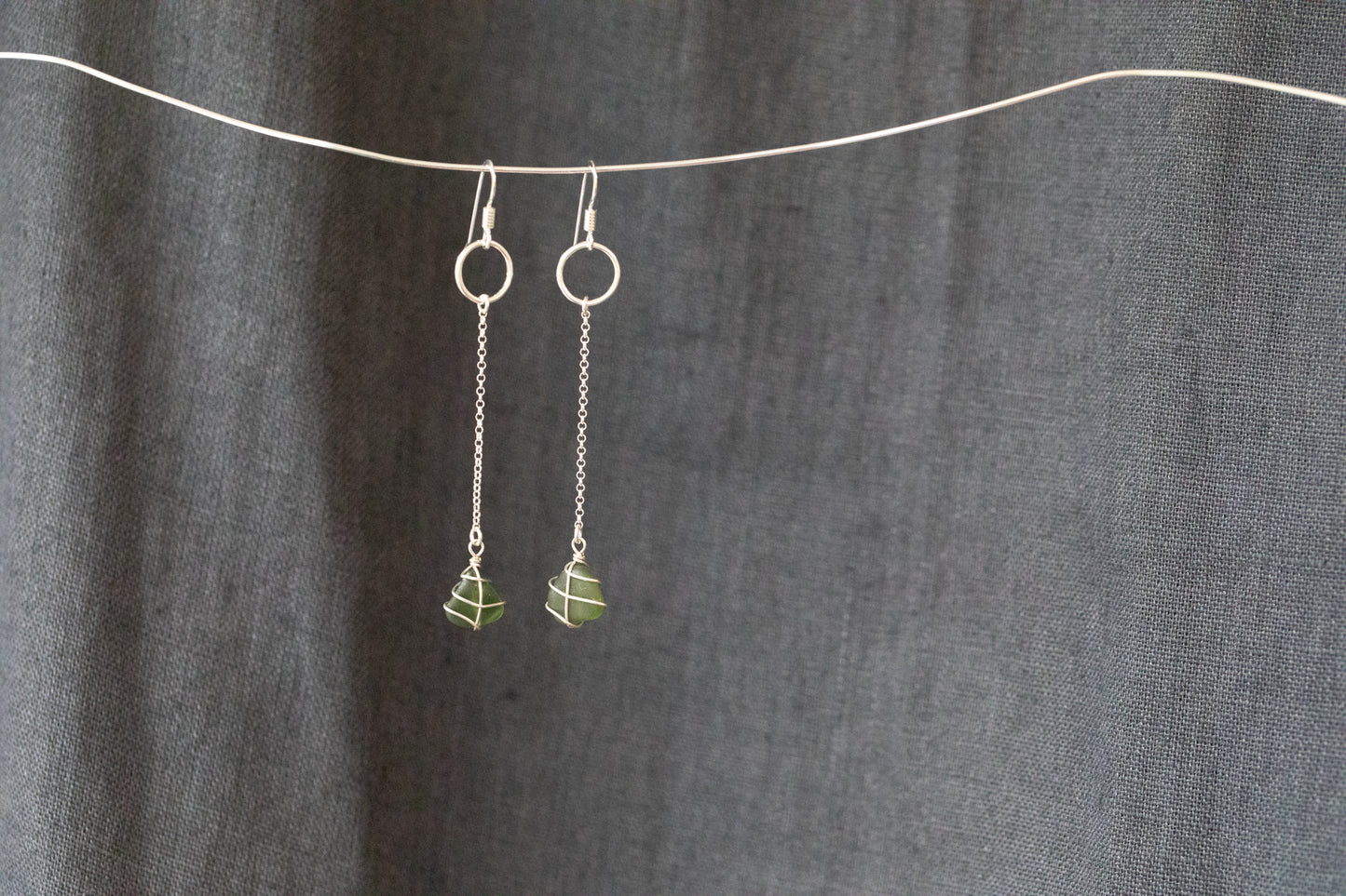 Rachel Chain Drop Earrings in Sterling Silver & Dark Green