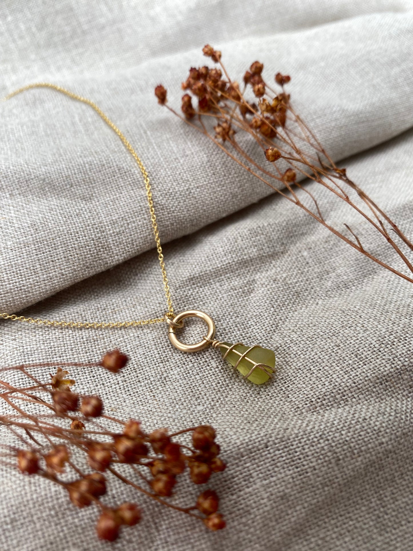 NORTH QUEENSFERRY ~ Chartreuse green & gold filled drop necklace