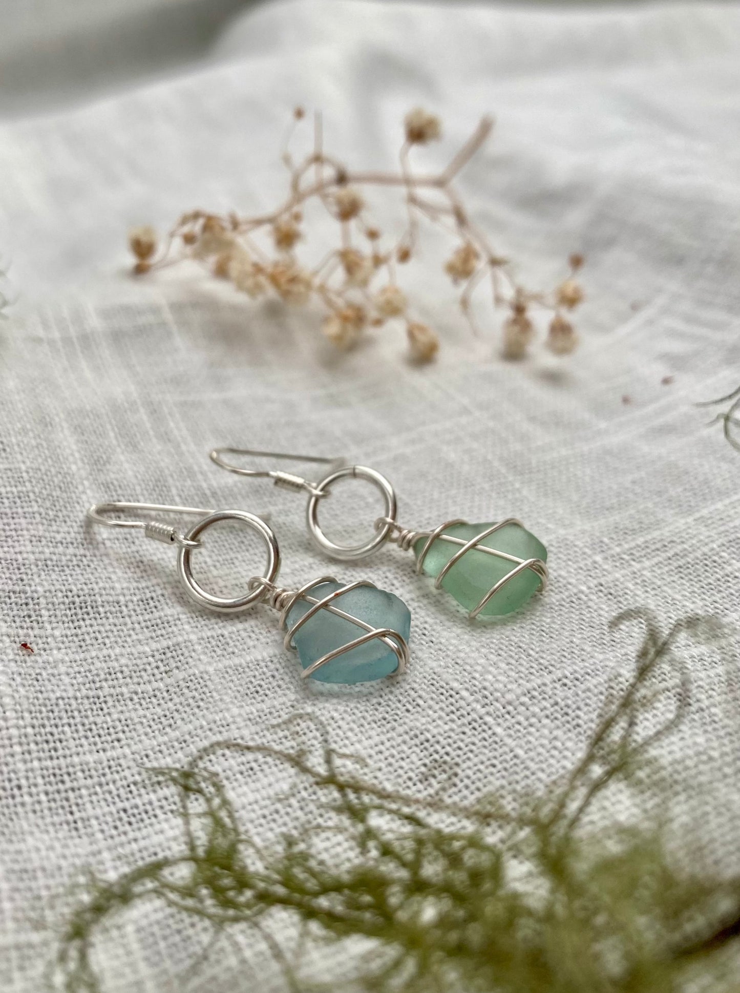 GLENCOE ~ Mismatch green & blue sterling silver drop hoops