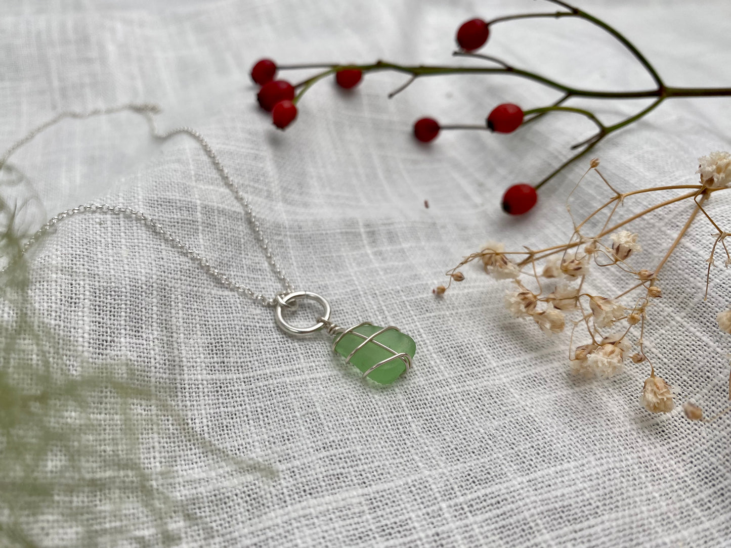 ISLE OF LEWIS ~ Lime green & sterling silver drop necklace
