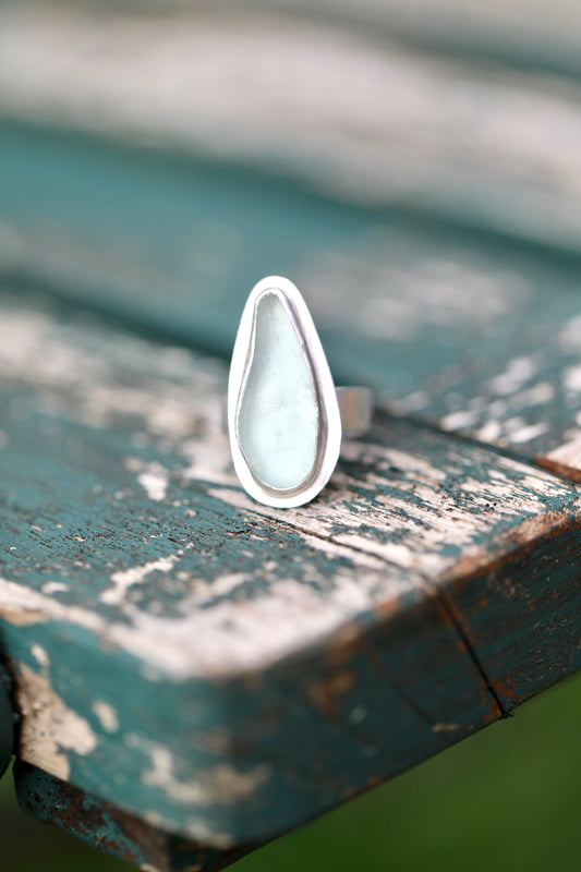 ARRAN Light blue bordered silver ring - size L