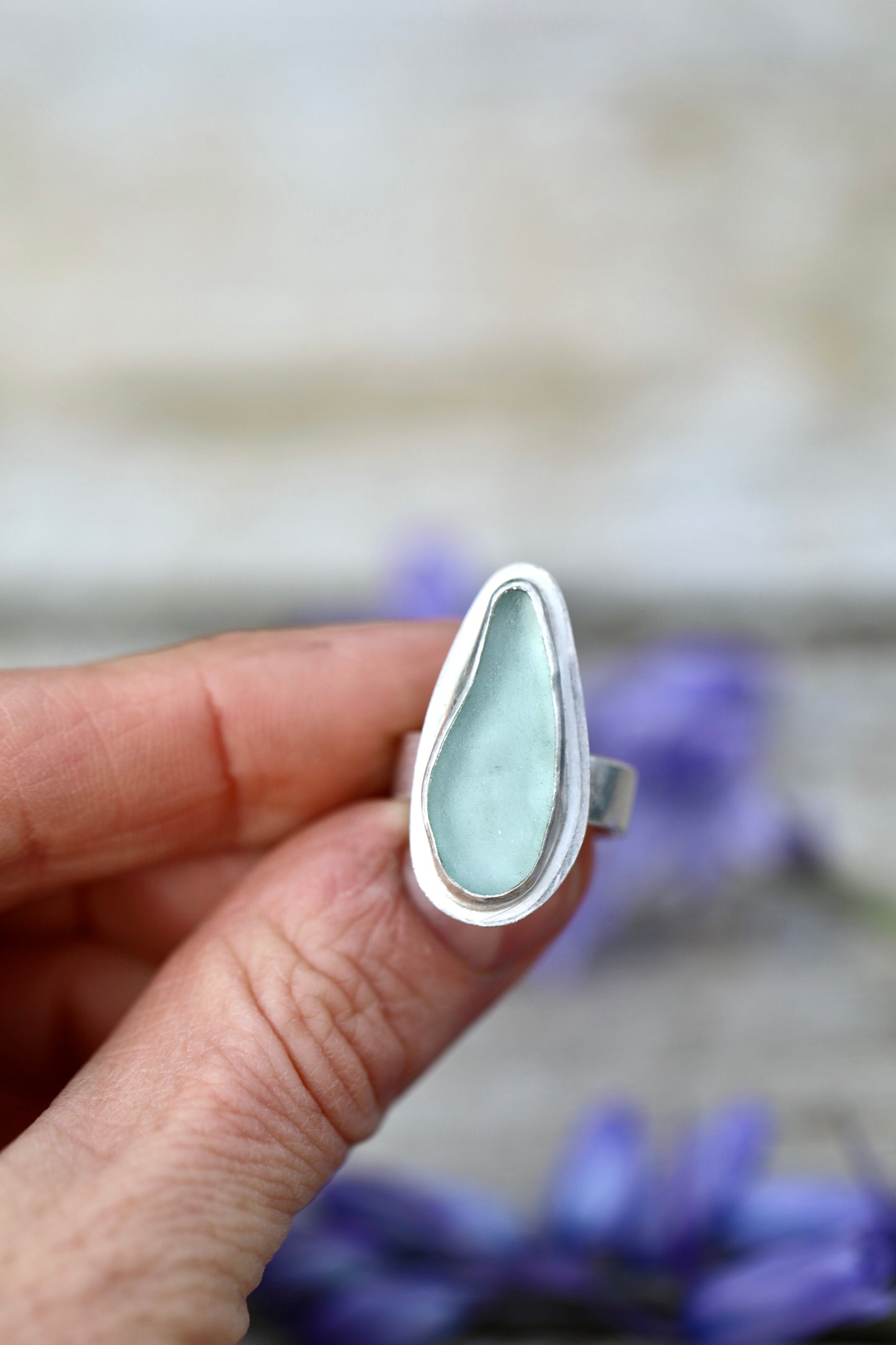 ARRAN Light blue bordered silver ring - size L