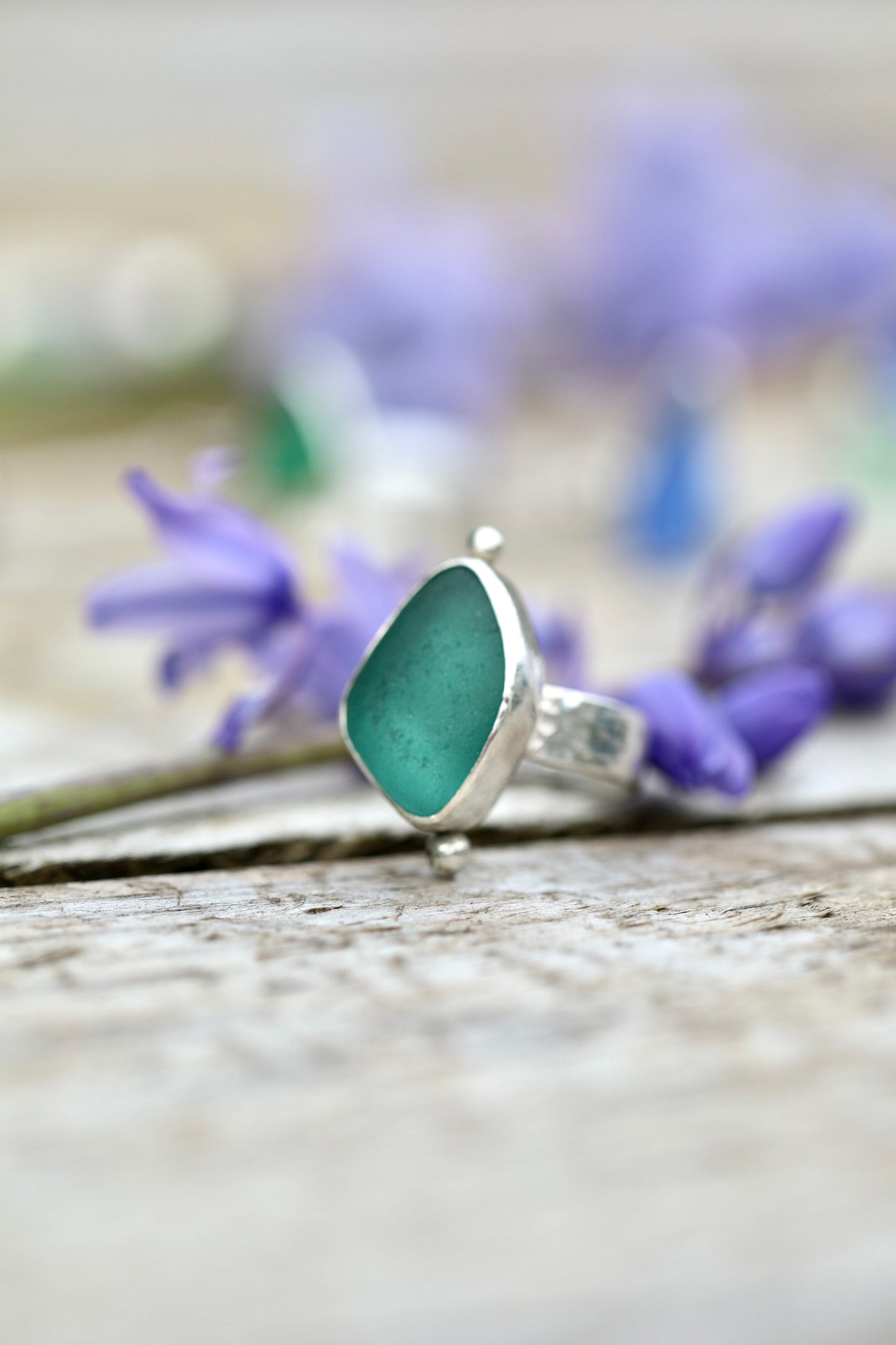 ARRAN Teal hammered silver ring - size O