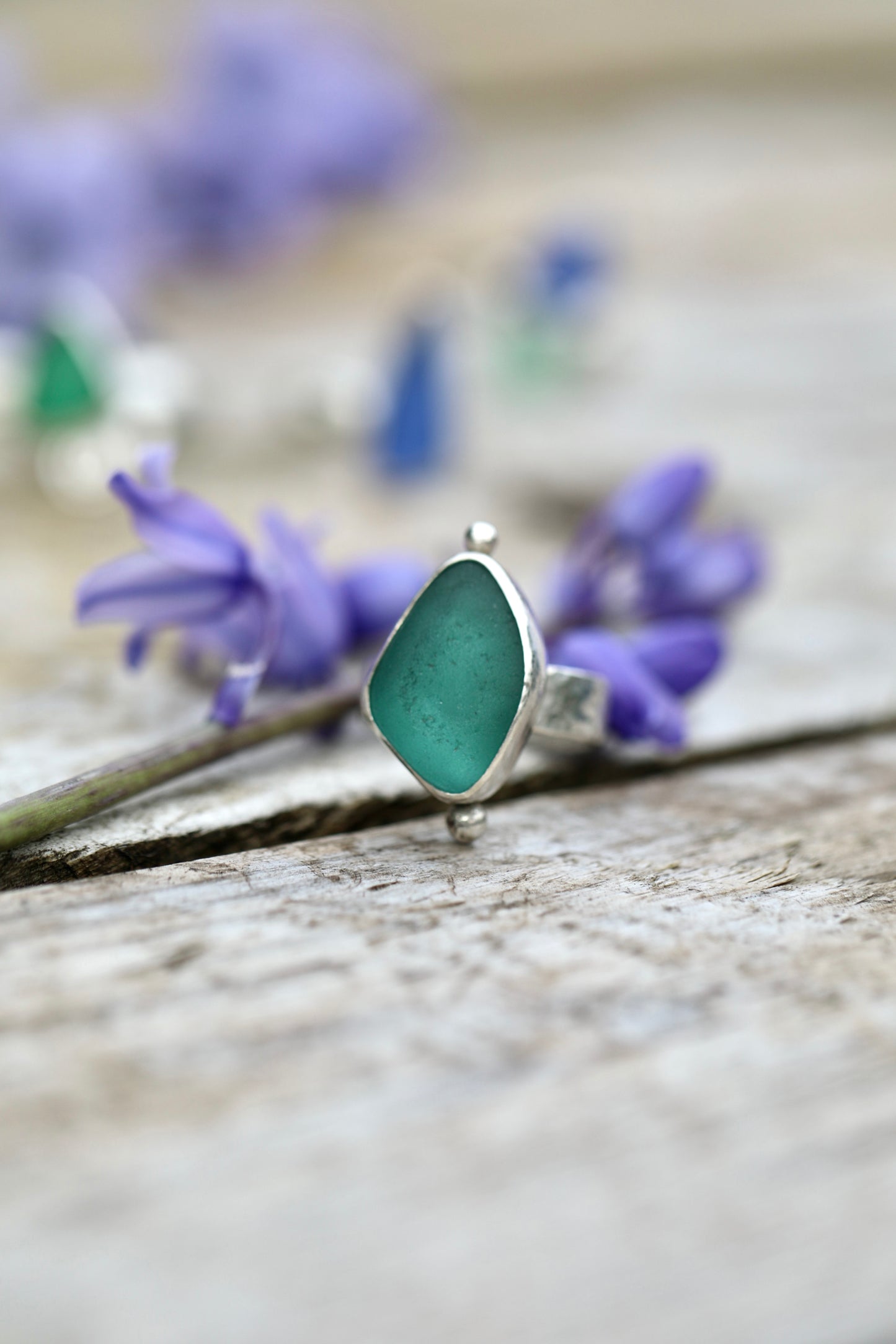 ARRAN Teal hammered silver ring - size O