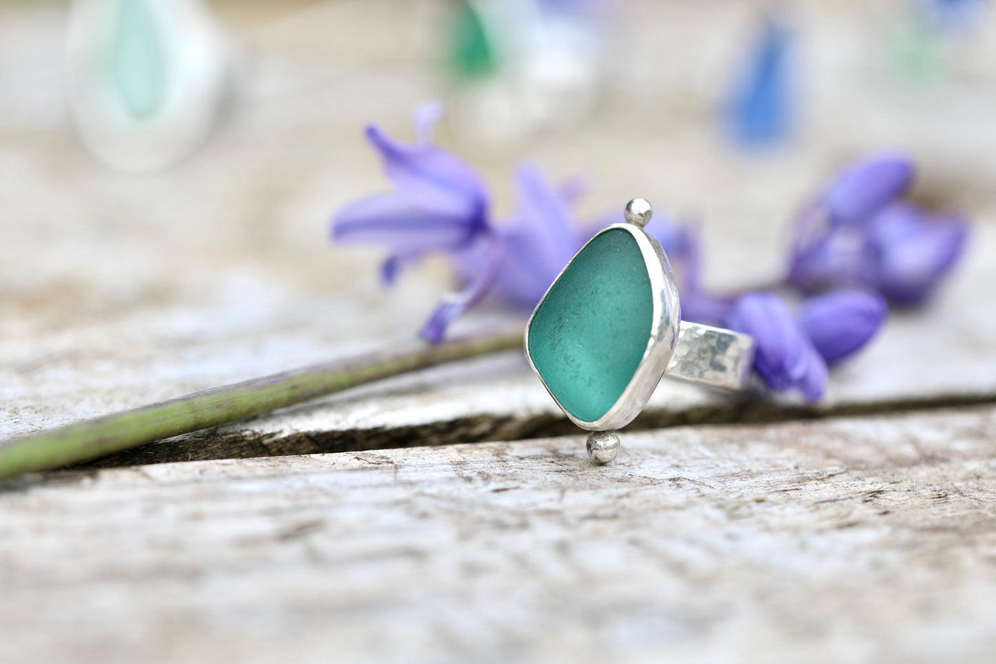 ARRAN Teal hammered silver ring - size O