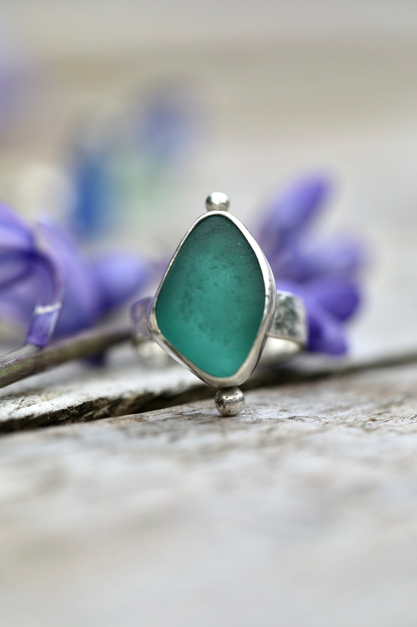 ARRAN Teal hammered silver ring - size O