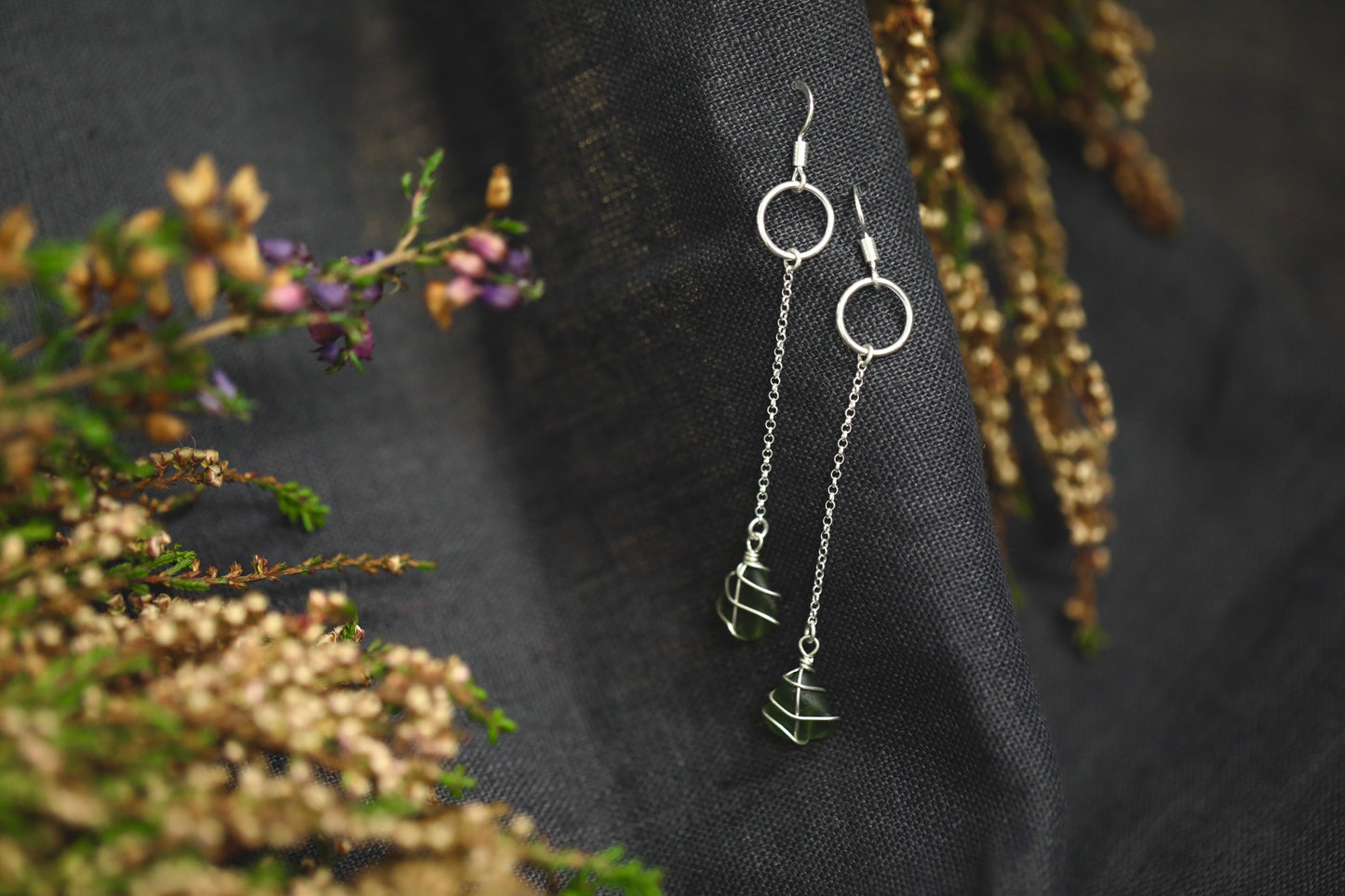 Rachel Chain Drop Earrings in Sterling Silver & Dark Green