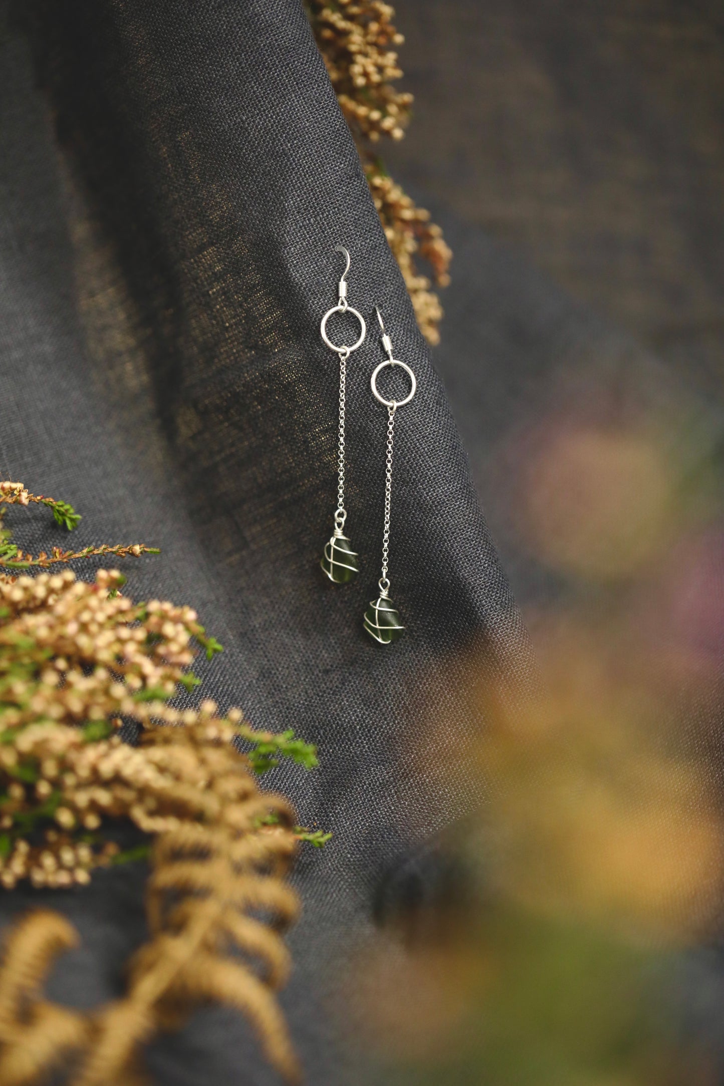 Rachel Chain Drop Earrings in Sterling Silver & Dark Green