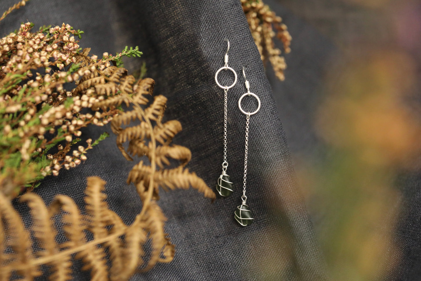 Rachel Chain Drop Earrings in Sterling Silver & Dark Green