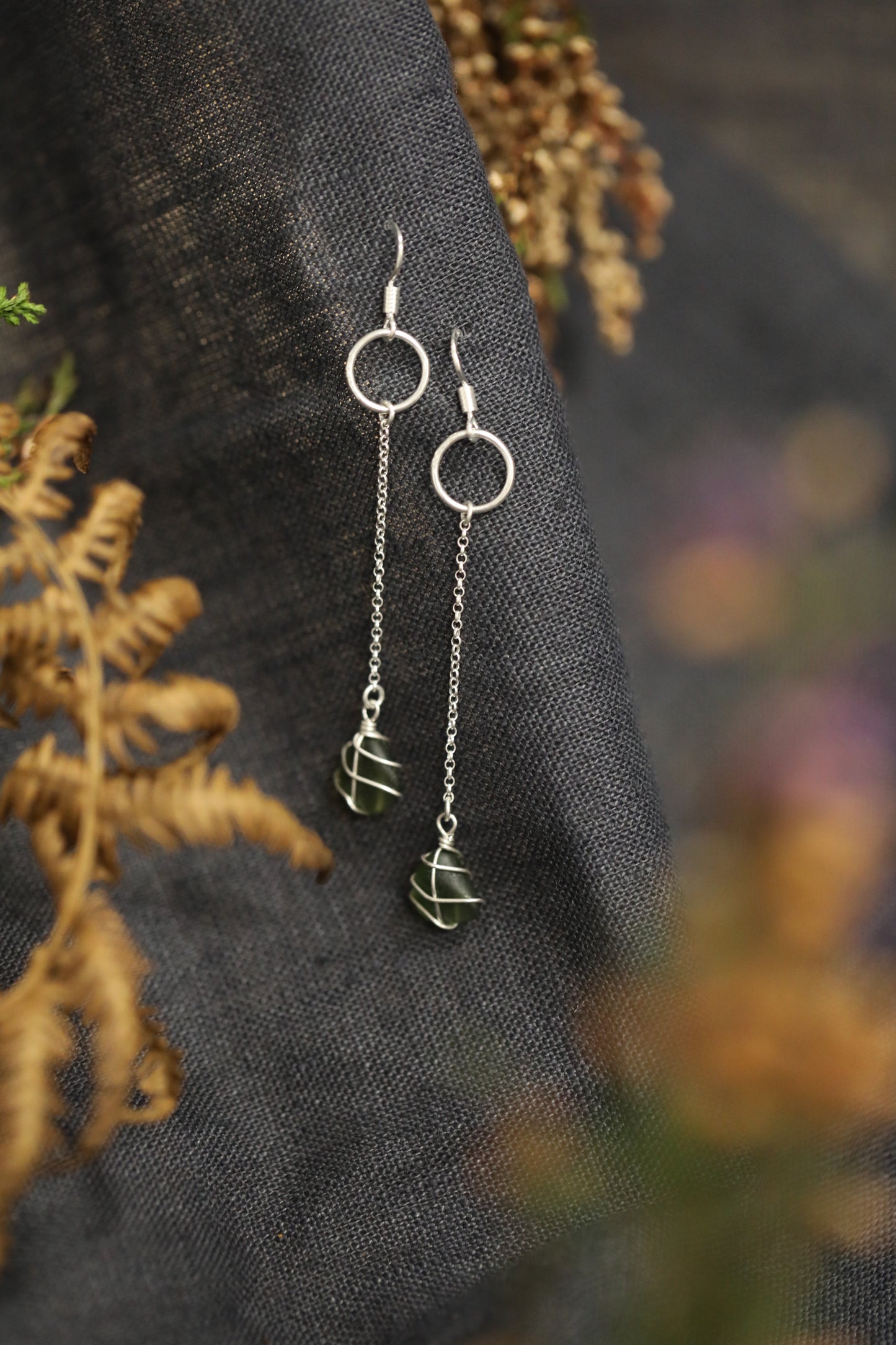 Rachel Chain Drop Earrings in Sterling Silver & Dark Green